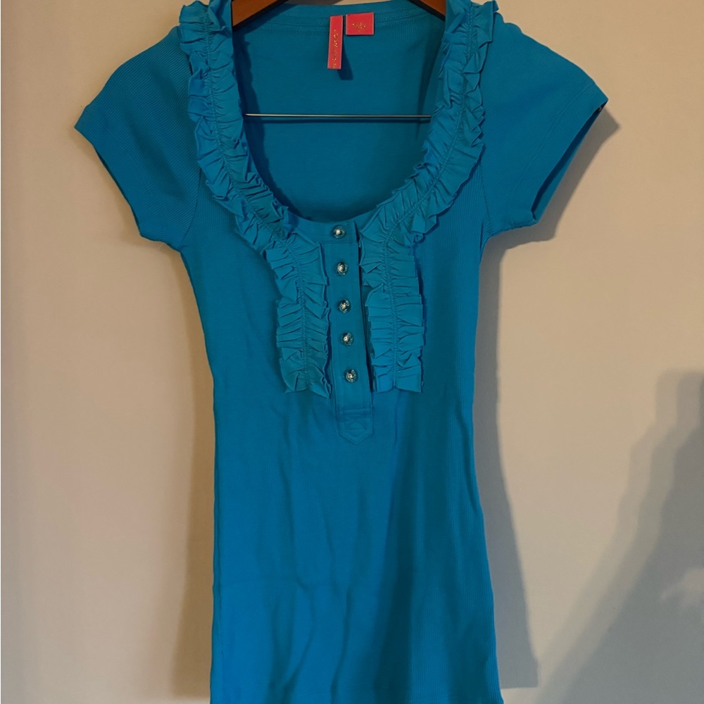 Charlotte Russe Turquoise Blue Ruffle Neck Ribbed Knit Short Sleeve Top Small